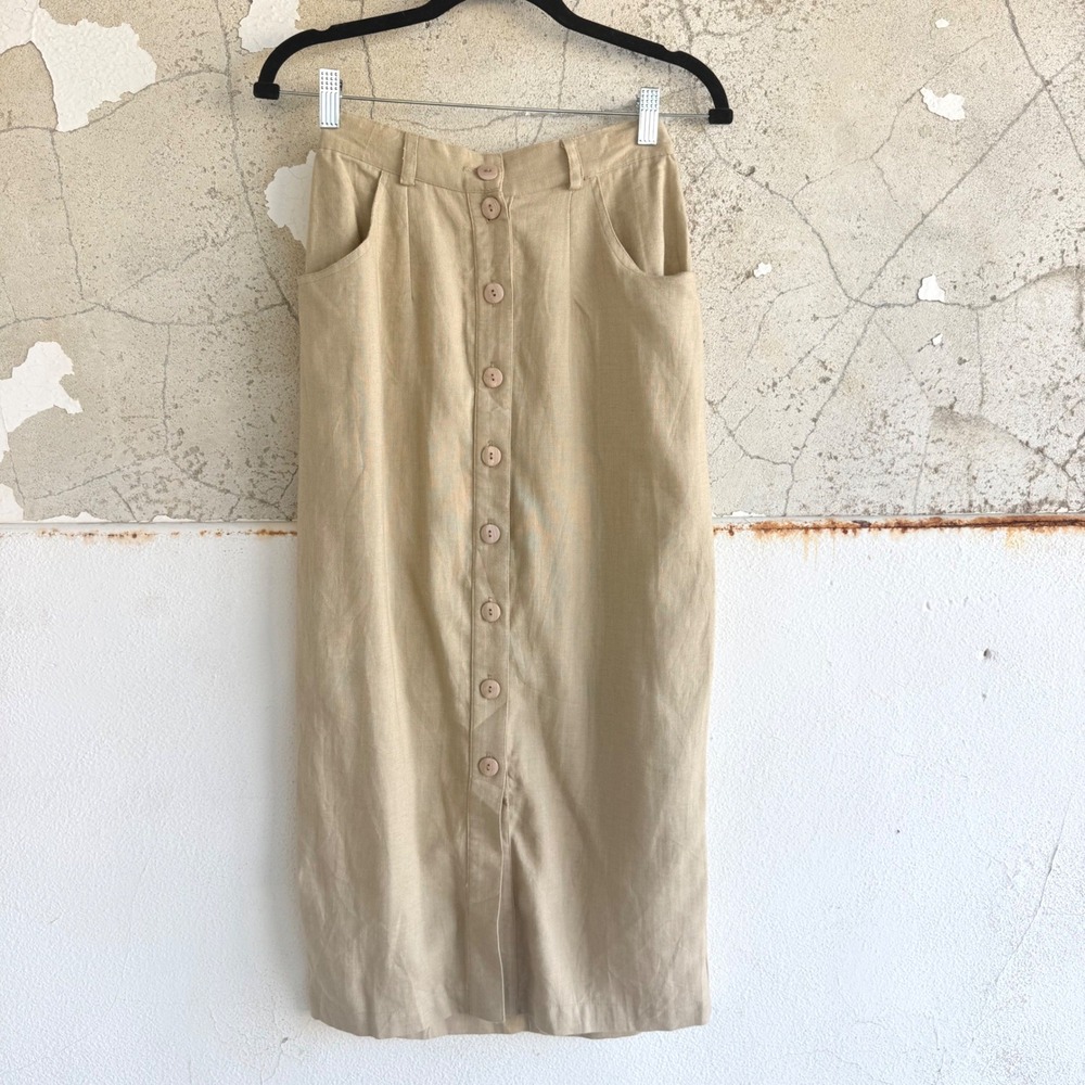 Vintage Midi Skirt Linen Blend Button Front High Waisted Tan Petite Small USA